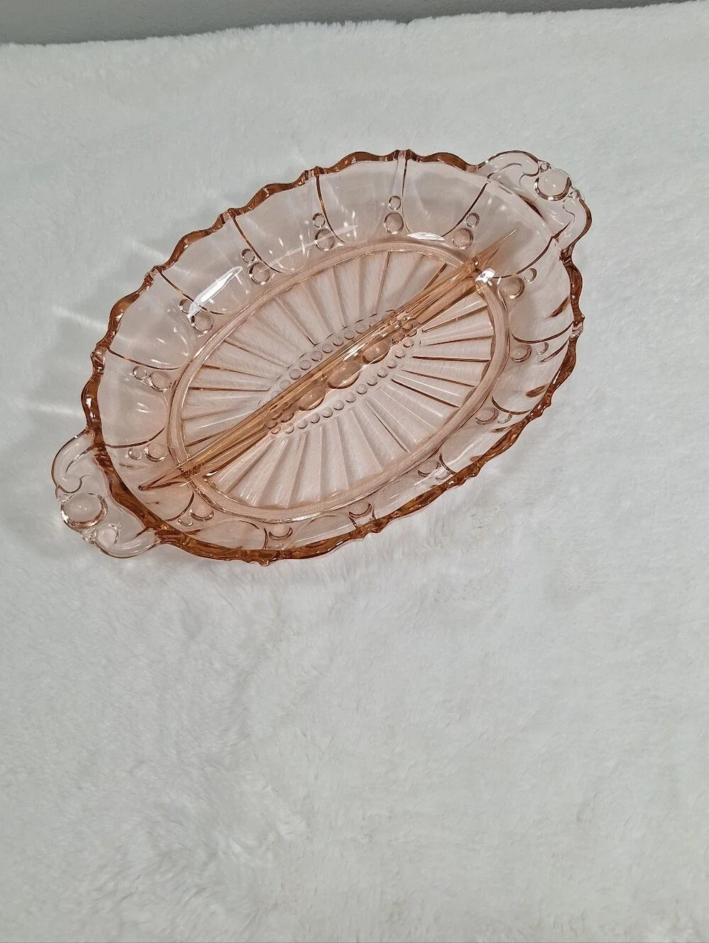 1940 Pink Depression Glass Divided Relish Dish Anchor Hocking Oyster & Pearl